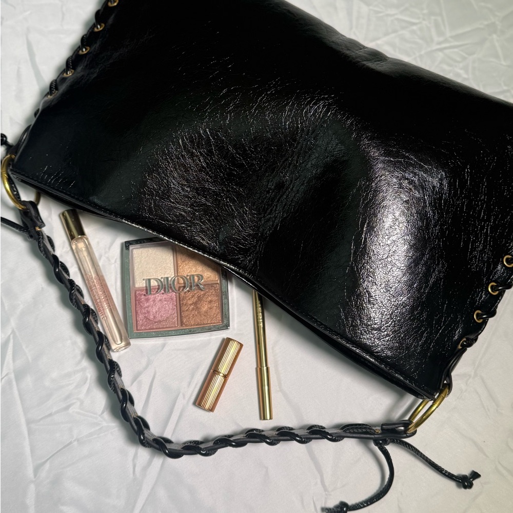 Black pu Leather Shoulder Bag with Braided Handle